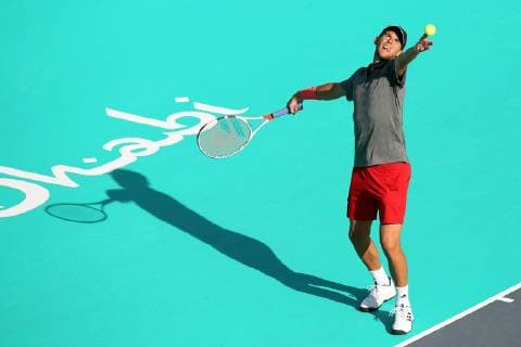 (181229) -- ABU DHABI, Dec. 29, 2018 (Xinhua) -- Dominic Thiem of Austria serves during his match against Hyeon Chung of South Korea during the 2018 Mubadala World Tennis Championship in Abu Dhabi, the United Arab Emirates (UAE), on Dec. 28, 2018. Dominic Thiem lost 0-2. (Xinhua Mahmoud Khaled) (SP)UAE-ABU DHABI-TENNIS-MUBADALA WORLD TENNIS CHAMPIONSHIP 