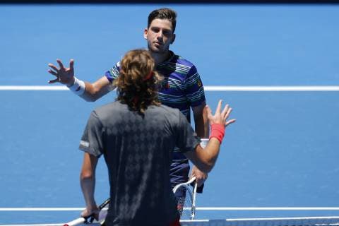 29th December 2018, RAC Arena, Perth, Australia; Hopman Cup Tennis, sponsored by Mastercard; Stefanos Tsitsipas of Team Greece congratulates Cameron Norrie of Team Great Britain after he won their match 2 sets to love  ActionPlus12091010 DavidxWoodley