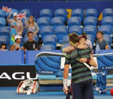 29th December 2018, RAC Arena, Perth, Australia; Hopman Cup Tennis, sponsored by Mastercard; Katie Boulter hugs Cameron Norrie after they defeated Team Greece in the mixed doubles 2 sets to 1 to win their match  ActionPlus12091052 DavidxWoodley