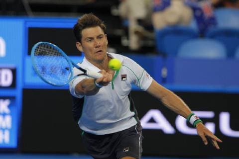 29th December 2018, RAC Arena, Perth, Australia; Hopman Cup Tennis, sponsored by Mastercard; Matt Ebden of Team Australia reaches for a forehand shot against Lucas Pouille of Team France  ActionPlus12091127 DavidxWoodley