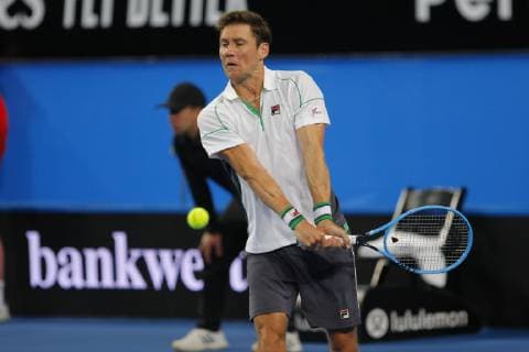 29th December 2018, RAC Arena, Perth, Australia; Hopman Cup Tennis, sponsored by Mastercard; Matt Ebden of Team Australia prepares for a backhand shot against Lucas Pouille of Team France  ActionPlus12091133 DavidxWoodley