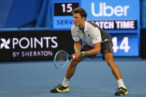 29th December 2018, RAC Arena, Perth, Australia; Hopman Cup Tennis, sponsored by Mastercard; Matt Ebden of Team Australia waits for the serve of opponent Lucas Pouille of Team France  ActionPlus12091211 DavidxWoodley