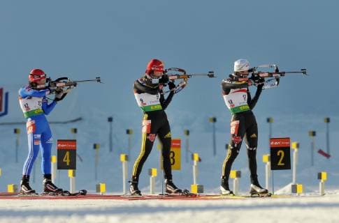 Russia s Olga Medvedtseva, left, Germany s Kati Wilhelm, center and Germany s Simone Hauswald, right, during the third shooting of the women 12.5 km mass start Biathlon World Cup competition in Oberhof, Germany, Sunday, Jan. 11, 2009. Wilhelm won ahaed of Medvedtseva on second and Hauswald on 11th. ( Eckehard Schulz) Oberhof DEU *** Russia s Olga Medvedtseva left Germany s Kati Wilhelm center and Germany s Simone Hauswald right during the third shooting of the women 12 5 km mass start Biathlon World Cup competition in Oberhof Germany Sunday Jan 11 2009 Wilhelm won ahaed of Medvedtseva on second and Hauswald on 11th Eckehard Schulz Oberhof DEU