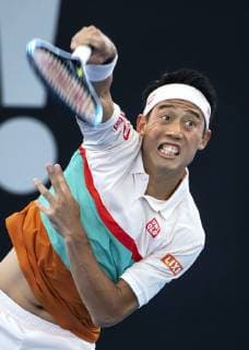Tennis: Nishikori at Brisbane Int l Kei Nishikori serves during his second-round match against Denis Kudla of the United States at the Brisbane International in Brisbane, Australia, on Jan. 2, 2019. 