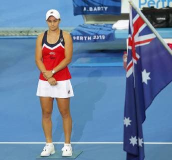2nd January 2019, RAC Arena, Perth, Australia; Hopman Cup Tennis, sponsored by Mastercard; Ashleigh Barty of Team Australia lines up for the National Anthem before the start of her match against Garbine Muguruza of Team Spain  ActionPlus12092343 DavidxWoodley