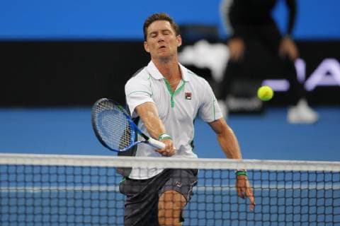 2nd January 2019, RAC Arena, Perth, Australia; Hopman Cup Tennis, sponsored by Mastercard; Matt Ebden of Team Australia volleys the ball at the net against David Ferrer of Team Spain  ActionPlus12092352 DavidxWoodley