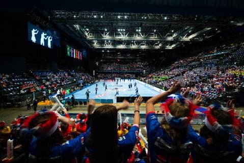 190103 General view of Oslo Spektrum with cheering people on the stands ahead of the Gjensidige Cup match between Norway and Iceland on January 3, 2019 in Oslo. Photo: Vegard Wivestad Grott BILDBYRAN kod VG 170266 Copyright: VEGARDxWIVESTADxGRoTT BB190103BB427