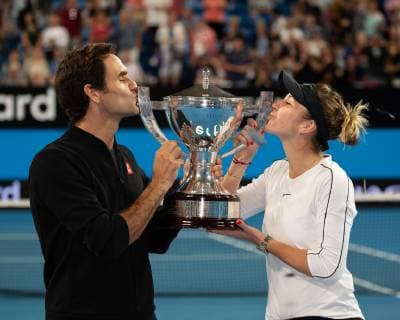 L-R. Sieger Belinda Bencic und Roger Federer, Mixed Doubles Siegerehrung, Praesentation Tennis - Hopman Cup 2019 - ITF - RAC Arena - Perth - Western Australia - Australia - 5 January 2019. Â Copyright: xJuergenxHasenkopfx