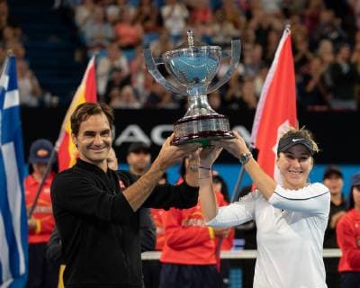 L-R. Sieger Belinda Bencic und Roger Federer, Mixed Doubles Siegerehrung, Praesentation Tennis - Hopman Cup 2019 - ITF - RAC Arena - Perth - Western Australia - Australia - 5 January 2019. Â Copyright: xJuergenxHasenkopfx