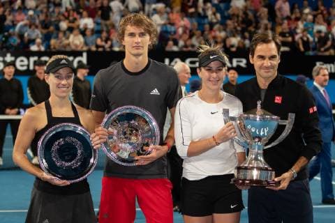 L-R. Sieger Belinda Bencic und Roger Federer, Finalisten Angelique Kerber, Alexander Zverev, Mixed Doubles Siegerehrung, Praesentation Tennis - Hopman Cup 2019 - ITF - RAC Arena - Perth - Western Australia - Australia - 5 January 2019. Â Copyright: xJuergenxHasenkopfx