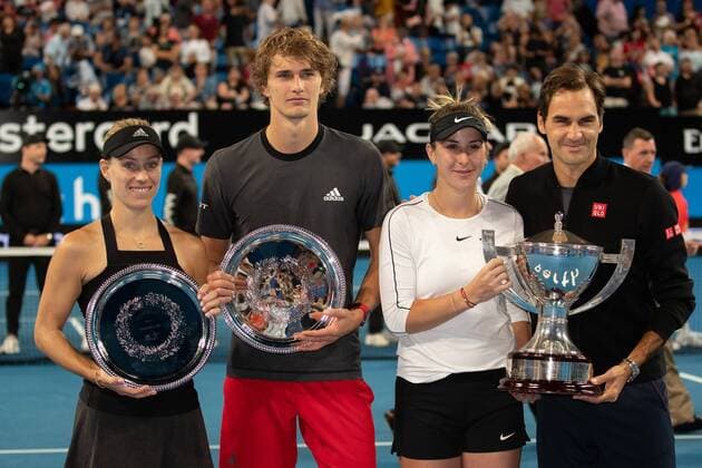 L-R. Sieger Belinda Bencic und Roger Federer, Finalisten Angelique Kerber, Alexander Zverev, Mixed Doubles Siegerehrung, Praesentation Tennis - Hopman Cup 2019 - ITF - RAC Arena - Perth - Western Australia - Australia - 5 January 2019. Â Copyright: xJuergenxHasenkopfx