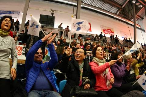 Handball, Herren, Saison 2018 19, Weltmeisterschaft 2019 in Deutschland und Dänemark, Testspiel 1. VfL Potsdam - Korea, Fans von Korea vor dem Spiel, 05.01.19, Copyright: xMichaelxHundtx