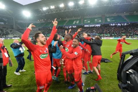 La joie des joueurs (andrezieux) apres la victoire FOOTBALL : Andrezieux ASF vs Marseille - 32e Coupe de France - 06 01 2019 CorentinNathan Panoramic 