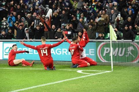 Joie de Florian Milla (andrezieux) et de ses coequipiers FOOTBALL : Andrezieux ASF vs Marseille - 32e Coupe de France - 06 01 2019 CorentinNathan Panoramic 