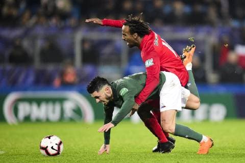 CABELLA Remy (St Etienne) vs Ibrahim Sidow Habib (Ol Stras) FOOTBALL : Olympique de Strasbourg vs St Etienne - 1 32e de finale Coupe de France - 06 01 2019 JBAutissier Panoramic 