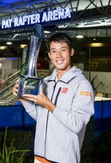 Tennis: Nishikori at Brisbane International Kei Nishikori of Japan poses with his trophy after defeating Daniil Medvedev of Russia 6-4, 3-6, 6-2 in the men s final of the Brisbane International in Brisbane, Australia, on Jan. 6, 2019. 