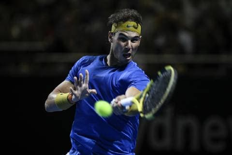 7th January 2019, Qudos Bank Arena, Sydney, Australia; Fast4 Tennis Showdown; Rafael Nadal of Spain hits a forehand return to Nick Kyrgios of Australia  ActionPlus12093920 NigelxOwen
