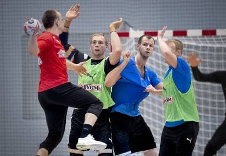 Handball WM, Training Nationalteam Dänemark Rene Toft Hansen, Simon Hald og Morten Olsen under traeningen i Broendby tirsdag den 8 januar 2019.. , Copenhagen Denmark Copyright: Scanpix LiselottexSabroex COP102 spdk20190108-125439-L