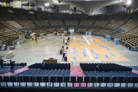 Handball WM, Aufbauarbeiten, Olympiahalle Muenchen. 08.01.2019 Â