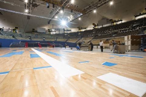 Handball WM, Aufbauarbeiten, Olympiahalle Muenchen. 08.01.2019 Â