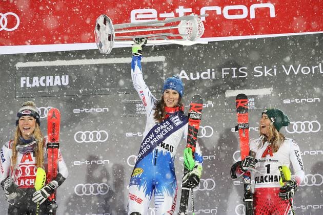 Sport Themen der Woche KW02 Sport Bilder des Tages ALPINE SKIING - FIS WC Flachau FLACHAU,AUSTRIA,08.JAN.19 - ALPINE SKIING - FIS World Cup, night slalom, ladies, award ceremony. Image shows Mikaela Shiffrin (USA), Petra Vlhova (SVK) and Katharina Liensberger (AUT). GEPAxpictures xMathiasxMandl