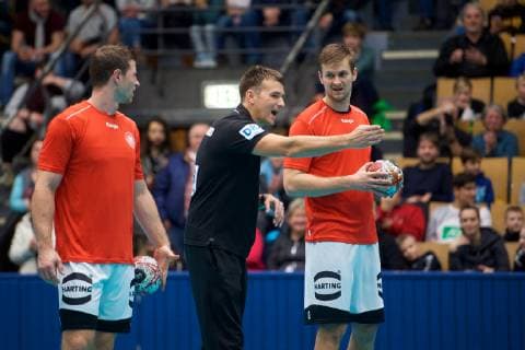 Handball Berlin 08.01.2019 Weltmeisterschaft 2019 Training im Sportforum Hohenschönhausen Christian Prokop (Deutschland, Trainer) Martin Strobel (Deutschland, No.19) li. Fabian Böhm (Deutschland, No.38) Bohm Boehm