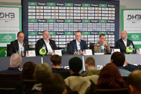 Handball, Herren, Weltmeisterschaft 2019 in Deutschland und Dänemark, DHB-Pressekonferenz, Vorstandsvorsitzender DHB Mark Schober, DHB-Präsident Andreas Michelmann, DHB-Pressesprecher Tim Oliver Kalle, DHB-Vizepräsident Bon Hanning, DHB-Vorstand Axel Kromer, 09.01.19, Copyright: xMichaelxHundtx xMatthiasxKochx