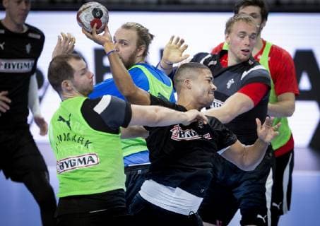 Mads Mensah, Simon Hald, Rene Toft Hansen og Henrik Moellgaard under traeningen i Royal Arena onsdag den 9. januar 2019.. , Copenhagen Denmark Copyright: Scanpix LiselottexSabroex cop101 spdk20190109-145842-L