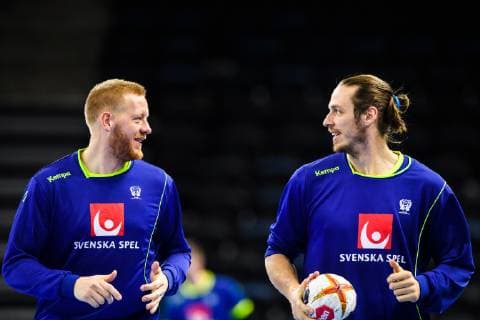 190110 Jim Gottfridsson and Kim Ekdahl du Rietz of Sweden during a press meeting and practice during the IHF World Handball Championship on January 10, 2019 in Copenhagen. Photo: Ludvig Thunman BILDBYRN kod LT 35572 Copyright: LUDVIGxTHUNMAN BB190110LT008