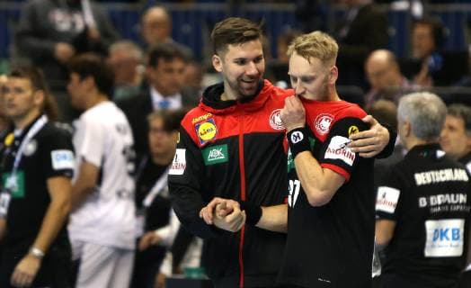 Freude bei Fabian Wiede (Deutschland) und Matthias Musche (Deutschland) nach Spielende vom Eroeffnungsspiel Korea gegen Deutschland der Handball- WM 2019 der Maenner am 10.01.2019 in der Mercedes-Benz Arena in Berlin Handball - WM 2019 - Gruppe A - Korea vs Deutschland