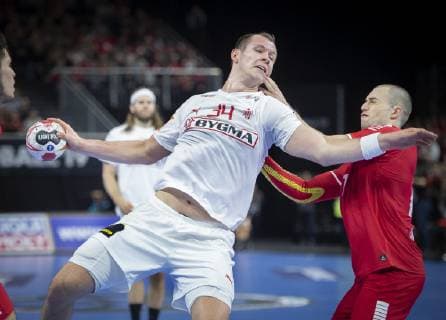 Simon Hald of Denmark and Diego Reyes of Chile during the men s IHF Handball World Championship WM Weltmeisterschaft match in Group C between Denmark-Chile in Copenhagen , Denmark, on Thursday, Jan. 10, 2019.. , Copenhagen Denmark Copyright: Scanpix LiselottexSabroex COP101 spdk20190110-210201-L