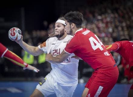 Mikkel Hansen of Denmark and Aaron Codina of Chile during the men s IHF Handball World Championship WM Weltmeisterschaft match in Group C between Denmark-Chile in Copenhagen , Denmark, on Thursday, Jan. 10, 2019.. , Copenhagen Denmark Copyright: Scanpix LiselottexSabroex COP101 spdk20190110-210835-L