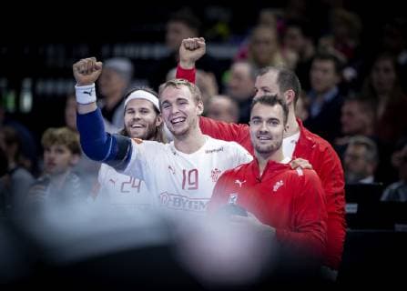 Rene Toft Hansen, Mikkel Hansen and Casper U. Mortensen during the men s IHF Handball World Championship WM Weltmeisterschaft match in Group C between Denmark-Chile in Copenhagen , Denmark, on Thursday, Jan. 10, 2019.. , Copenhagen Denmark Copyright: Scanpix LiselottexSabroex COP101 spdk20190110-220420-L