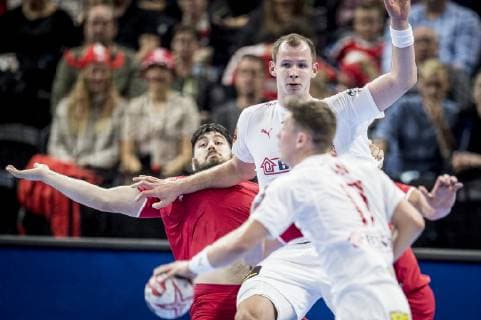 Simon Hald Jensen of Denmark and Lasse Svan of Denmark during the men s IHF Handball World Championship WM Weltmeisterschaft Group C match against Chile in Copenhagen, Denmark, on Thursday, Jan. 10, 2019.. , Copenhagen Denmark Copyright: RitzauxScanpix MadsxClausxRasmussenx Cop101 spdk20190110-220722-L