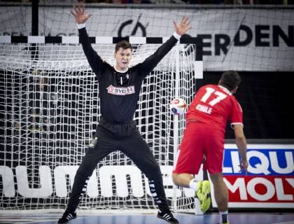Niklas Landin of Denmark and Esteban Salinas of Chile during the men s IHF Handball World Championship WM Weltmeisterschaft match in Group C between Denmark-Chile in Copenhagen , Denmark, on Thursday, Jan. 10, 2019.. , Copenhagen Denmark Copyright: Scanpix LiselottexSabroex COP101 spdk20190110-222259-L