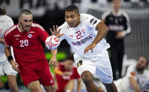 January 10, 2019 - Copenhagen, Denmark - Sebastian Pawez (20), Chile and Mads Mensah (22), Denmark fighting for the ball in the group C handball match between Denmark and Chile in Royal Arena in Copenhagen, Denmark during the 2019 IHF Handball World Championship WM Weltmeisterschaft in Germany Denmark. Handball 2019: Denmark 0:0 Chile - ZUMAm173 20190110_zsp_m173_007 Copyright: xLarsxMoellerx