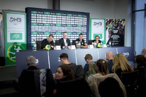 DHB-Vizepraesident Bob Hanning, Pressesprecher Tim Oliver Kalle, Trainer Christian Prokop und Torhueter Silvio Heinevetter (Nr. 12, Deutschland). Pressekonferenz des DHB, Handball, IHF Handball Weltmeisterschaft, 11.01.19 Berlin Berlin Germany AOK Bundeszentrale Copyright: xAgentur54Gradx xFelixxKoenigx