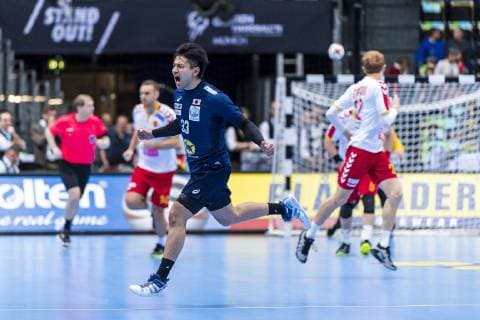 Muenchen, Deutschland 11. Januar 2019: WM 2019 Männer - Gruppe B - Japan vs. Mazedonien Yuto Agarie (Japan) Jubel Freude Emotion Torjubel Torschuetze Torschütze Muenchen Olympiahalle Bayern Deutschland
