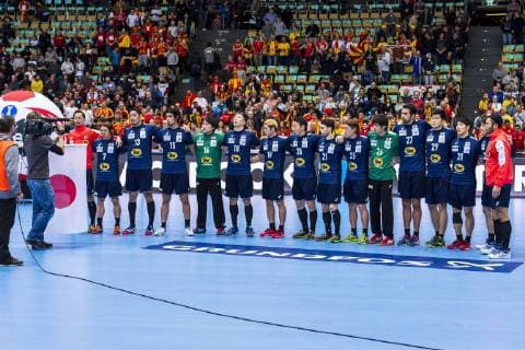 Muenchen, Deutschland 11. Januar 2019: WM 2019 Männer - Gruppe B - Japan vs. Mazedonien die Mannschaft von Japan bei der Nationalhymne Muenchen Olympiahalle Bayern Deutschland