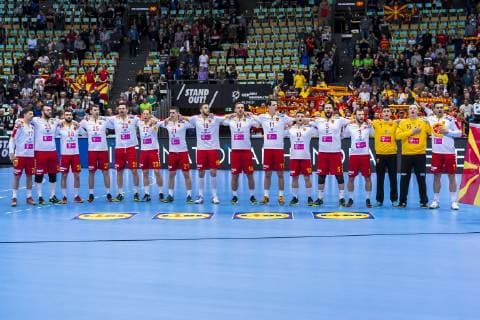 Muenchen, Deutschland 11. Januar 2019: WM 2019 Männer - Gruppe B - Japan vs. Mazedonien die Mannschaft von Mazedonien bei der Nationalhymne Muenchen Olympiahalle Bayern Deutschland
