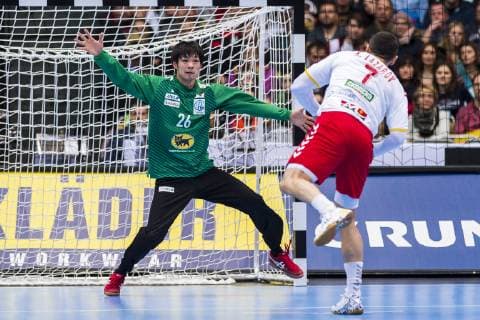 Muenchen, Deutschland 11. Januar 2019: WM 2019 Männer - Gruppe B - Japan vs. Mazedonien v.li. Yuki Kubo (Japan), Kiril Lazarov (Mazedonien) Muenchen Olympiahalle Bayern Deutschland
