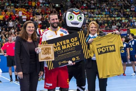 Muenchen, Deutschland 11. Januar 2019: WM 2019 Männer - Gruppe B - Japan vs. Mazedonien Player of the Match Stojanche Stoilov (Mazedonien) Muenchen Olympiahalle Bayern Deutschland