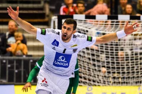 190111 Janko Bozovic of Austria celebrates during the 2019 IHF World Championship WM Weltmeisterschaft match between Saudi Arabia and Austria on January 11, 2019 in Herning. Photo: Jon Olav Nesvold BILDBYRN kod JE 160393 Copyright: JONxOLAVxNESVOLD BB190111JE051