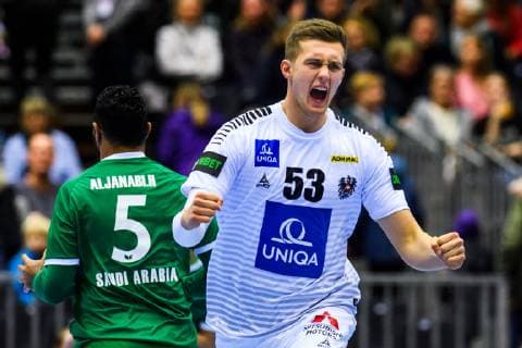 190111 Mykola Bilyk of Austria celebrates during the 2019 IHF World Championship WM Weltmeisterschaft match between Saudi Arabia and Austria on January 11, 2019 in Herning. Photo: Jon Olav Nesvold BILDBYRN kod JE 160393 Copyright: JONxOLAVxNESVOLD BB190111JE052