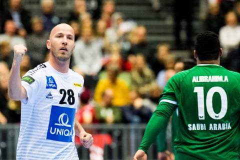 Handball WM, Saudi-Arabien - Österreich 190111 Robert Weber of Austria celebrates during the 2019 IHF World Championship WM Weltmeisterschaft match between Saudi Arabia and Austria on January 11, 2019 in Herning. Photo: Jon Olav Nesvold BILDBYRN kod JE 160393 Copyright: JONxOLAVxNESVOLD BB190111JE060