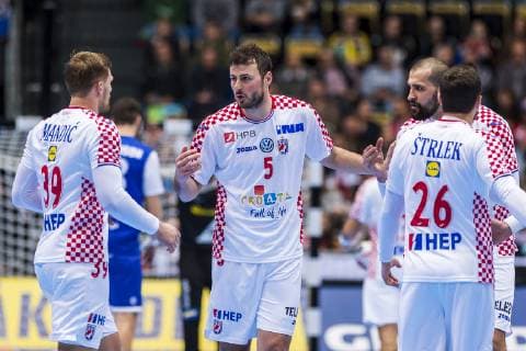 Muenchen, Deutschland 11. Januar 2019: WM 2019 Männer - Gruppe B - Island vs. Kroatien v.li. David Mandic (Kroatien), Domagoj Duvnjak (Kroatien THW Kiel), Zeljko Musa (Kroatien SC Magdeburg), Manuel Strlek (Kroatien) Muenchen Olympiahalle Bayern Deutschland