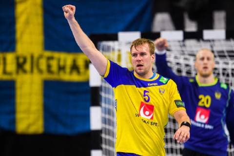 Handball WM, Ägypten - Schweden 190111 Max Darj and goalkeeper Mikael Appelgren of Sweden celebrates during the IHF World Handball Championship match between Egypt and Sweden on January 11, 2019 in Copenhagen. Photo: Ludvig Thunman BILDBYRN kod LT 35574 Copyright: LUDVIGxTHUNMAN BB190111LT050