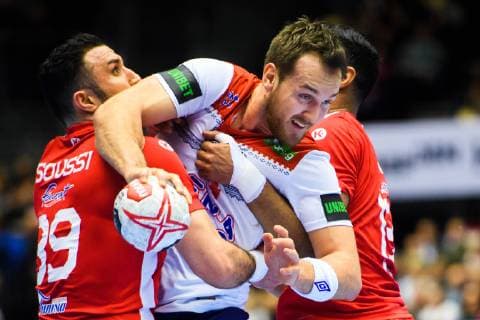 Handball WM, Tunesien - Norwegen 190111 Mohamed Soussi of Tunisia and Christian O Sullivan of Norway during the 2019 IHF World Championship WM Weltmeisterschaft match between Tunisia and Norway on January 11, 2019 in Herning. Photo: Jon Olav Nesvold BILDBYRN kod JE 160394 Copyright: JONxOLAVxNESVOLD BB190111JE110