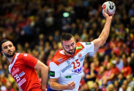 Handball WM, Tunesien - Norwegen 190111 Mohamed Soussi of Tunisia and Eivind Tangen of Norway during the 2019 IHF World Championship WM Weltmeisterschaft match between Tunisia and Norway on January 11, 2019 in Herning. Photo: Jon Olav Nesvold BILDBYRN kod JE 160394 Copyright: JONxOLAVxNESVOLD BB190111JE111