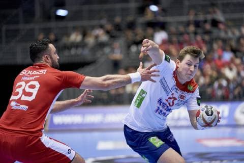 Handball WM, Tunesien - Norwegen Mohamed Soussi (39) of Tunisia and Goran Johannessen (23) of Norway during the men s IHF Handball World Championship WM Weltmeisterschaft Group C match 8 between Tunisia and Norway in Herning Denmark on Friday Jan 11 2019 Herning Denmark, Denmark 